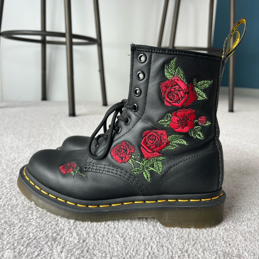 Dr. Martens Black Ankle Boots with Red Rose Embroidery